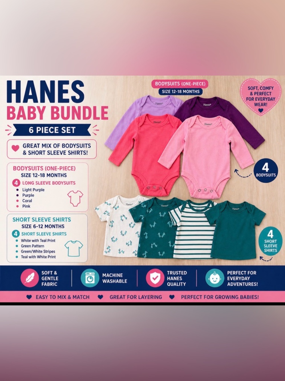 Hanes Baby Clothing Bundle 8 Piece Set Bodysuits & T-Shirts 6-12M 12-18M